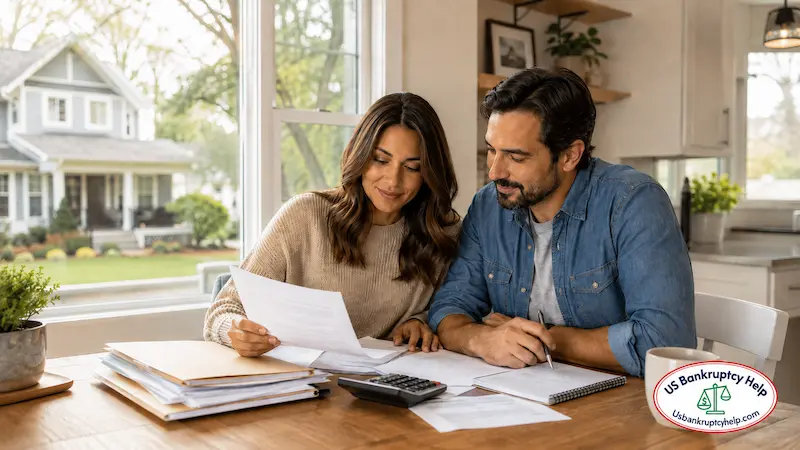 Homeowners reviewing financial paperwork while considering whether they can keep their house in bankruptcy.