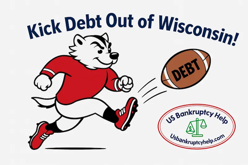 Cartoon badger in a red football jersey kicking a brown football labeled “DEBT,” with the heading “Kick Debt Out of Wisconsin!” above and the US Bankruptcy Help logo in the corner, symbolizing getting rid of debt through Wisconsin bankruptcy options.