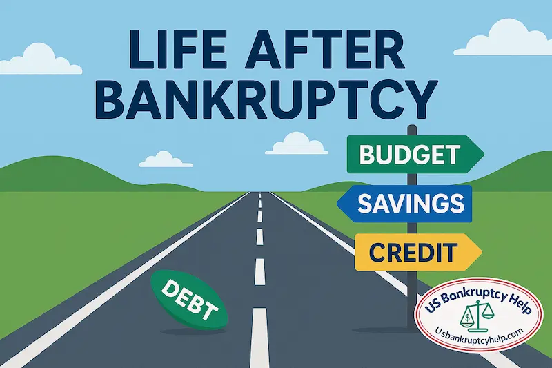 Hopeful illustration of a person walking along a path marked Budget, Savings, and Credit Rebuild toward a brighter skyline, with a subtle outline of Wisconsin and the US Bankruptcy Help logo, symbolizing life after bankruptcy.