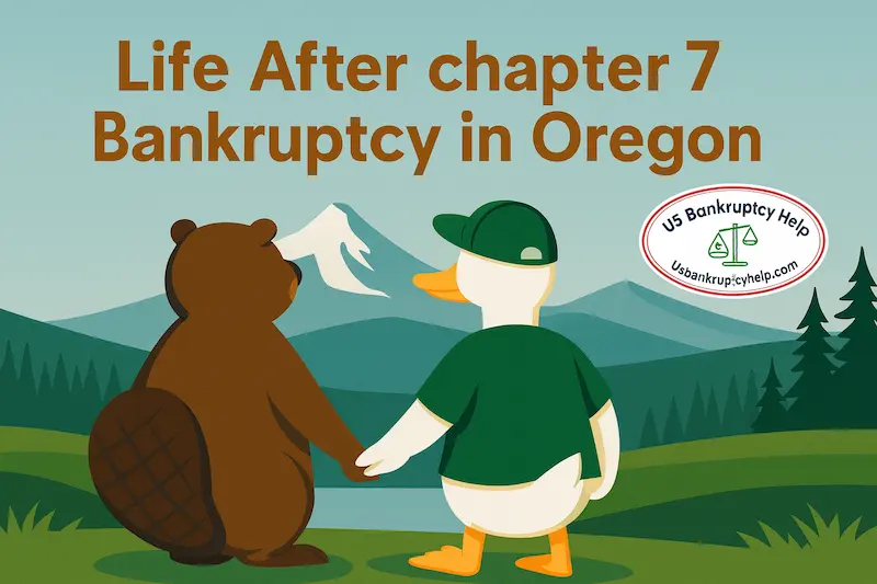 Illustration of a duck and a beaver standing side by side, holding hands and looking out over an Oregon landscape with mountains, trees, and a lake under the heading “Life After chapter 7 Bankruptcy in Oregon,” branded with the US Bankruptcy Help logo in the corner.