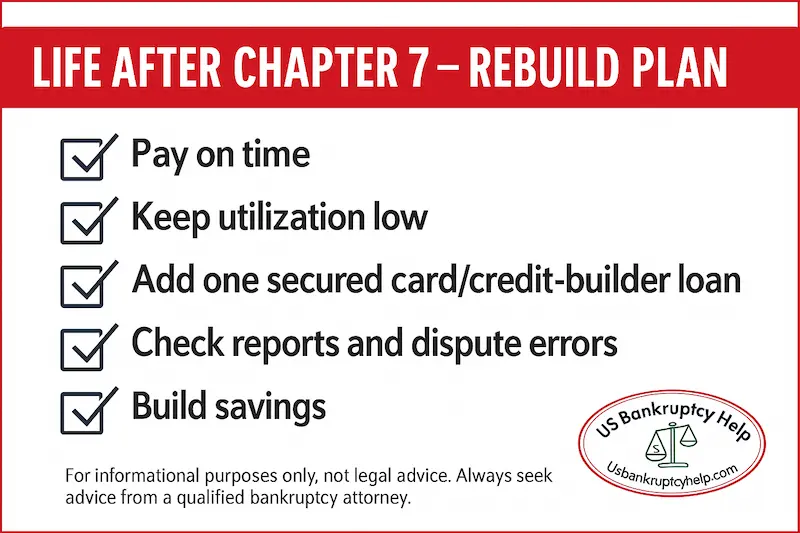 Life After Chapter 7: Rebuild Plan checklist graphic in Indiana Hoosier red-and-white with navy accents and the US Bankruptcy Help logo; five steps shown—pay on time, keep utilization low, add one secured card or credit-builder loan, check reports and dispute errors, and build savings—with a small legal disclaimer at the bottom.