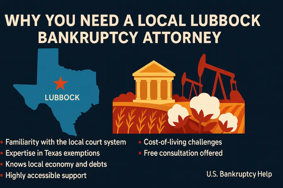 Infographic titled 'Why You Need a Local Lubbock Bankruptcy Attorney' showing a Texas map with Lubbock highlighted, courthouse, oil pumpjacks, and cotton fields, with bullet points about local court expertise, Texas exemptions, local economy knowledge, accessible support, cost-of-living challenges, and free consultation.