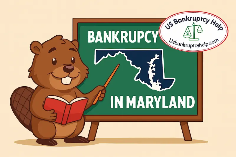 Cartoon beaver teaching a class on “Bankruptcy in Maryland,” standing by a chalkboard with a Maryland state outline and the US Bankruptcy Help logo in the corner.