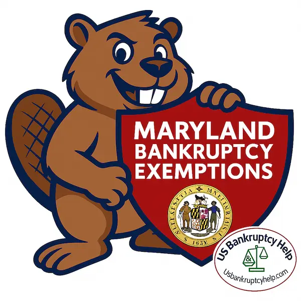 Illustration of an American beaver holding a shield labeled “Maryland Bankruptcy Exemptions” featuring the Maryland state seal, branded with the US Bankruptcy Help logo to represent asset protection laws for Maryland bankruptcy filers.