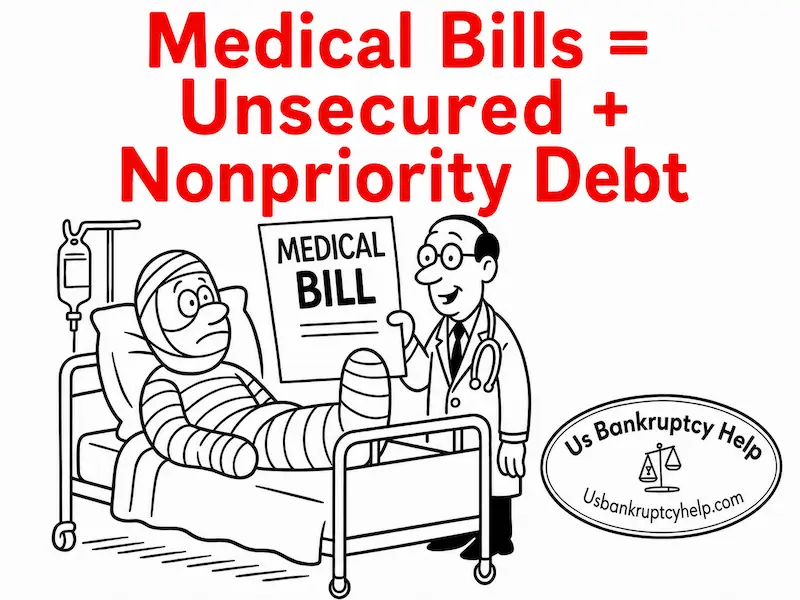 Illustration explaining that medical bills are generally unsecured nonpriority debt in bankruptcy, showing a patient in a hospital bed, a doctor holding a medical bill, and the U.S. Bankruptcy Help logo.