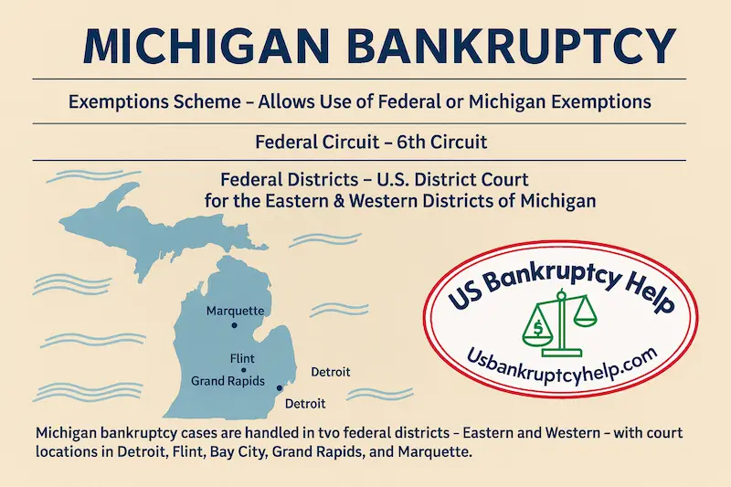 Michigan bankruptcy overview with exemption choice, 6th Circuit, and court cities Detroit, Flint, Bay City, Grand Rapids, and Marquette—US Bankruptcy Help.