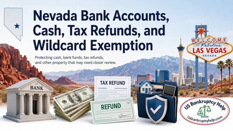 Nevada bankruptcy exemption illustration showing a bank account, cash, a tax refund, and personal property protected under Nevada exemption laws.