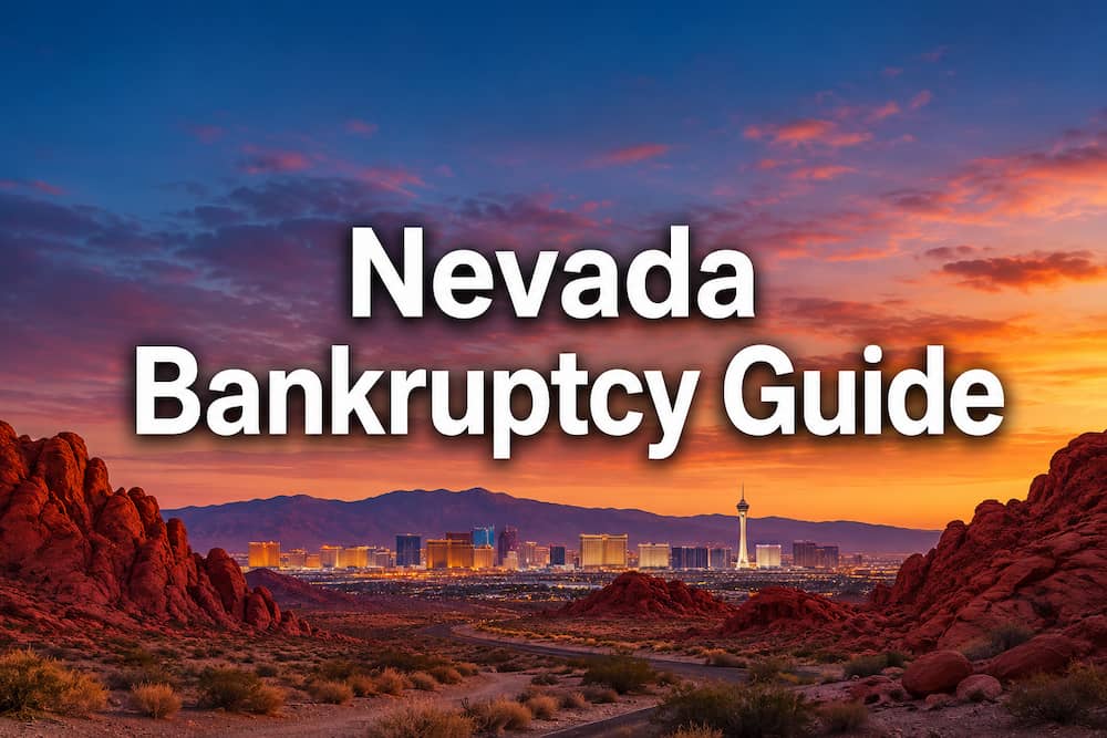 Nevada Bankruptcy Guide over a Nevada desert landscape with red rock formations, mountains, and the Las Vegas skyline