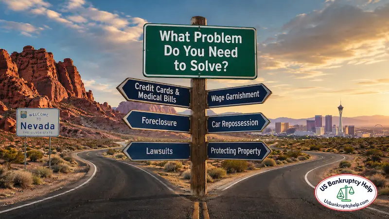 Nevada desert crossroads with signs for credit card debt, wage garnishment, foreclosure, repossession, lawsuits, and protecting property.