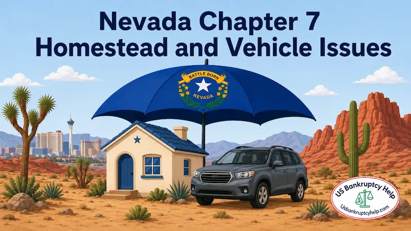 Nevada Chapter 7 homestead and vehicle issues illustration showing a home and vehicle protected beneath an umbrella featuring the Nevada state flag.
