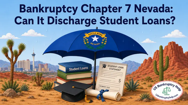 Bankruptcy Chapter 7 Nevada: Can It Discharge Student Loans? Illustration with student loan statements, textbooks, a graduation cap, and a Nevada-themed umbrella.