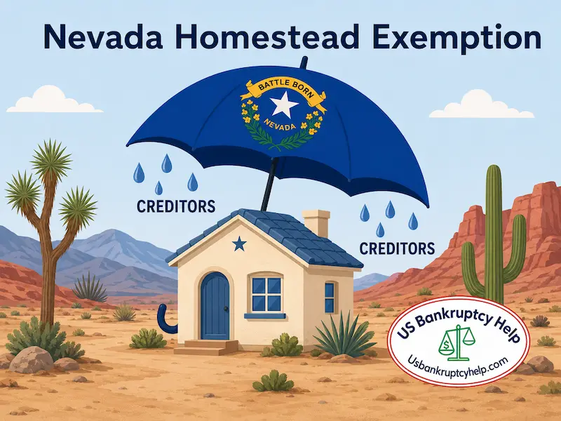 Nevada Homestead Exemption illustration showing a home protected from creditors by an umbrella featuring the Nevada state flag.