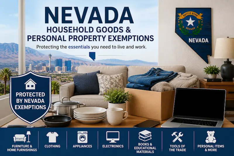 Nevada household goods and personal property exemptions illustration showing furniture, clothing, appliances, electronics, books, tools, and personal items.