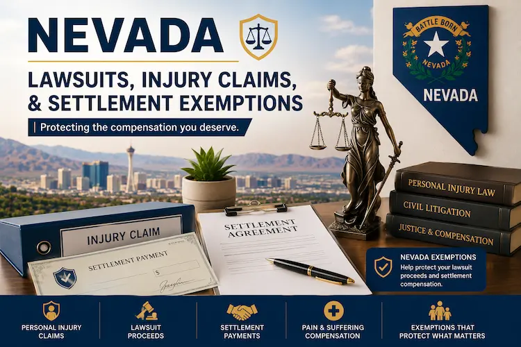 Nevada lawsuit, personal injury claim, and settlement exemptions illustration showing legal documents, a settlement payment, and scales of justice.