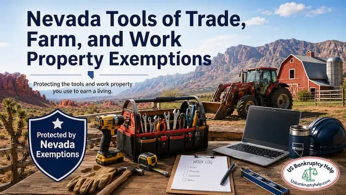 Nevada tools of trade, farm, and work property exemptions illustration showing work tools, a laptop, safety gear, and farm equipment.