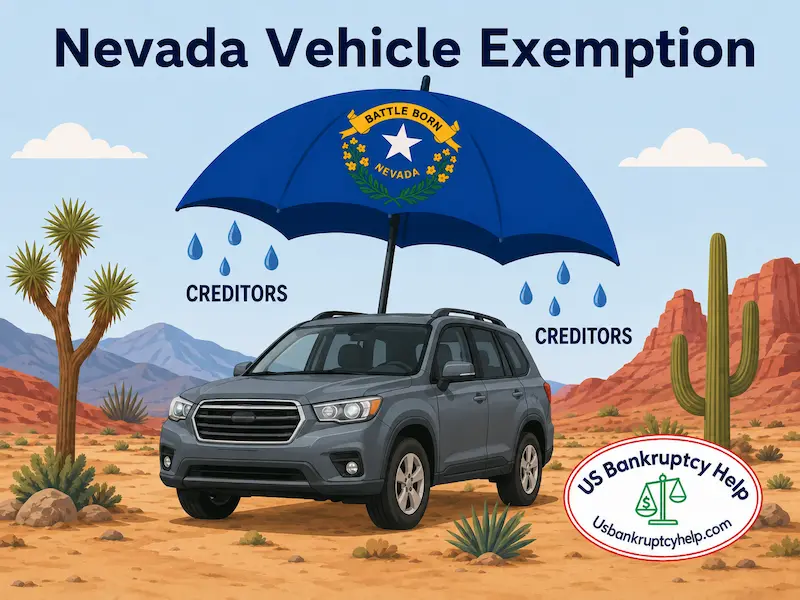 Nevada Vehicle Exemption illustration showing a vehicle protected from creditors by an umbrella featuring the Nevada state flag.