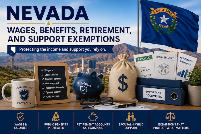 Nevada wages, benefits, retirement, and support exemptions illustration showing a paycheck, Social Security benefits, retirement funds, and family support payments.