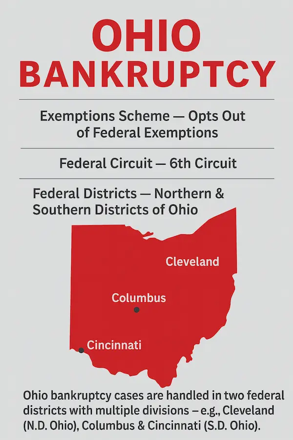 Ohio bankruptcy overview infographic showing opt-out exemption scheme, Sixth Circuit, and a state map marking the Northern & Southern Districts (Cleveland, Columbus, Cincinnati).