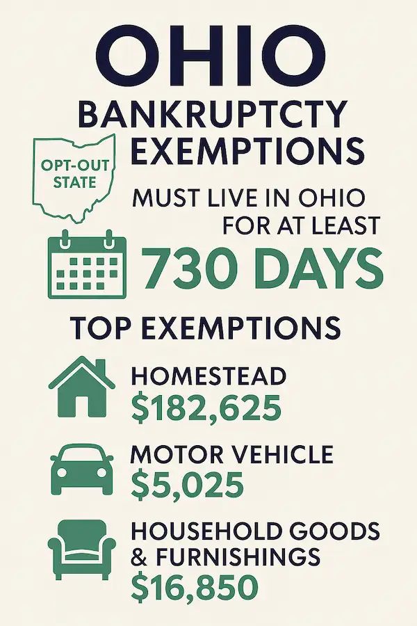 Infographic overview of Ohio bankruptcy exemptions showing opt-out status, 730-day residency requirement, and top exemptions including homestead, motor vehicle, and household goods.
