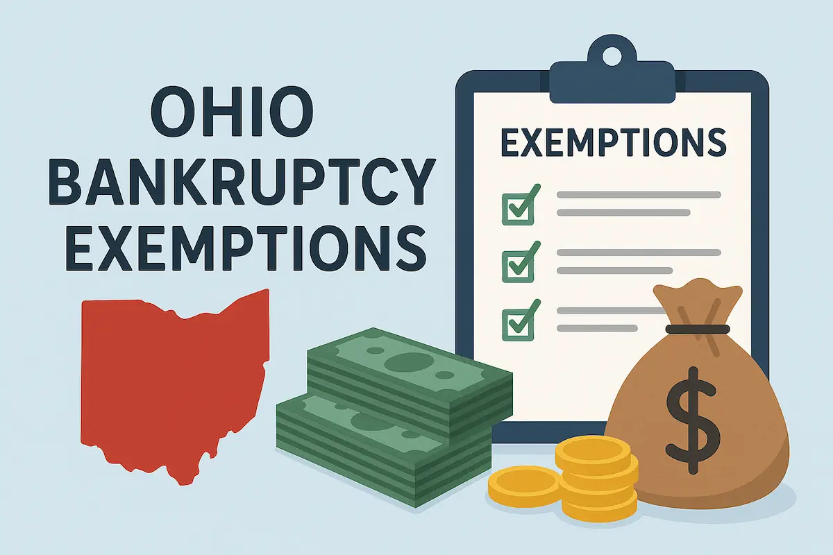 Ohio bankruptcy exemptions checklist illustration with Ohio state silhouette, exemption form, green check marks, cash, and money bag representing protected property in Ohio bankruptcy.