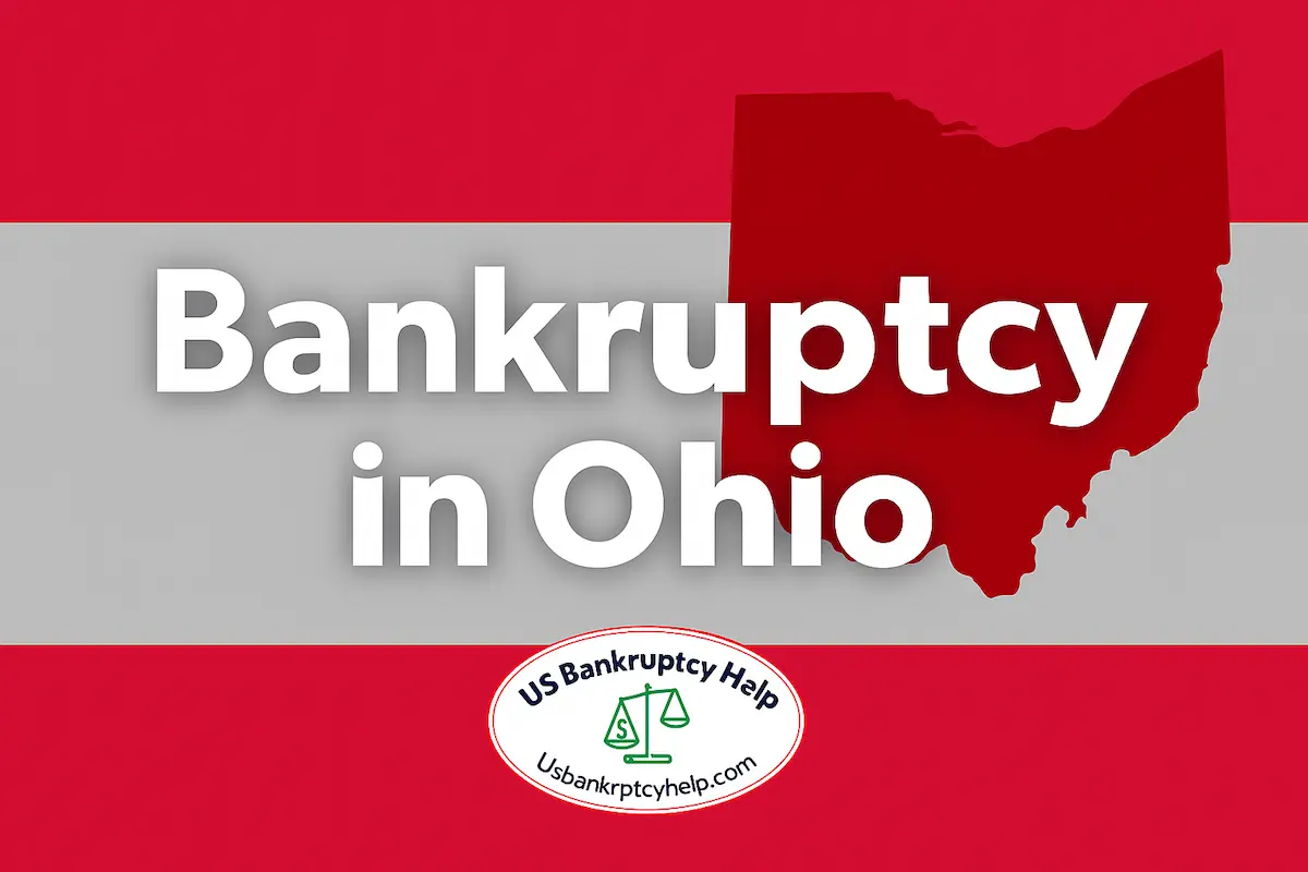 Bankruptcy in Ohio hero banner with scarlet-and-gray design, Ohio state silhouette, and US Bankruptcy Help logo.