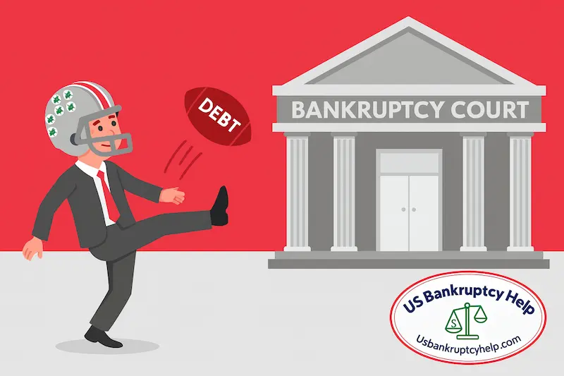 Ohio bankruptcy lawyer in scarlet-and-gray football helmet punting a ‘DEBT’ football outside a bankruptcy court, with US Bankruptcy Help logo.