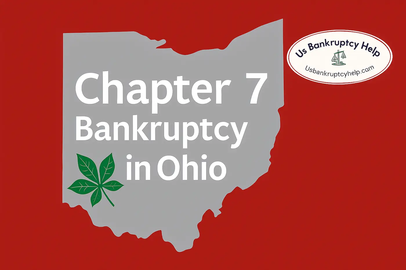 Hero banner for “Chapter 7 Bankruptcy in Ohio” with gray Ohio outline and green buckeye leaf, branded with US Bankruptcy Help logo.