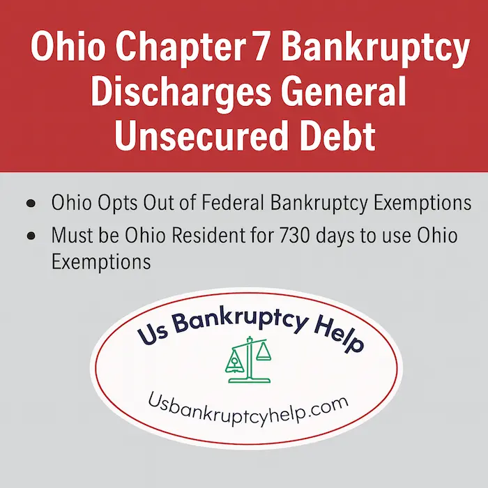 Informational graphic titled ‘Ohio Chapter 7 Bankruptcy Discharges General Unsecured Debt,’ using Ohio scarlet and gray colors. It highlights key facts that Ohio opts out of federal bankruptcy exemptions and requires a 730-day residency to use Ohio exemptions. The U.S. Bankruptcy Help logo appears at the bottom with the website USBankruptcyHelp.com.
