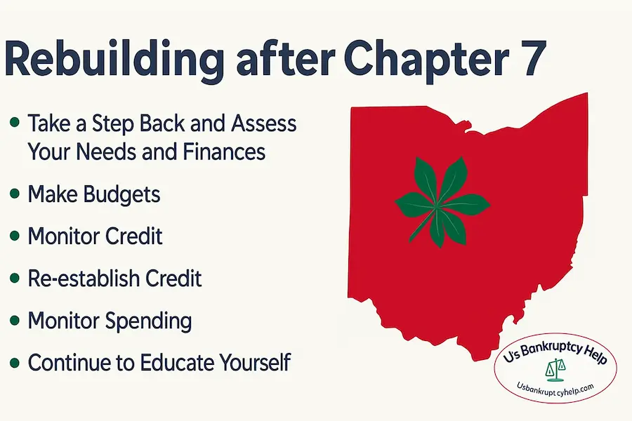 Ohio-themed infographic, ‘Rebuilding after Chapter 7,’ listing steps to recover: assess finances, make budgets, monitor/re-establish credit, track spending, keep learning—scarlet/gray with Ohio outline, buckeye, and US Bankruptcy Help logo.
