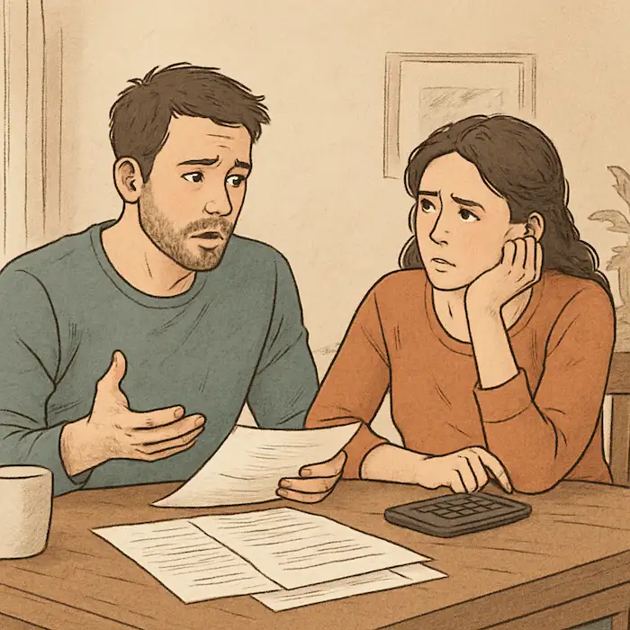 Illustration of a married couple sitting at a table with financial documents, discussing bankruptcy options