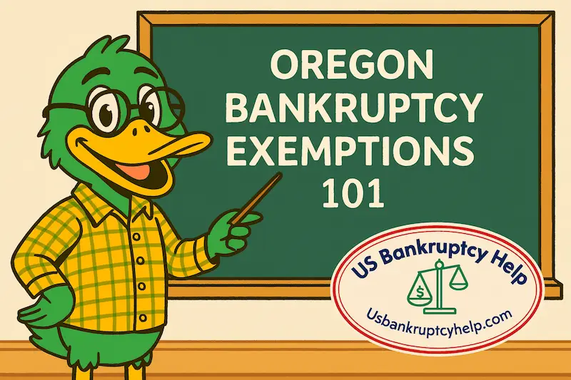 Cartoon green Oregon duck in a plaid shirt teaching a classroom, pointing at a chalkboard that says “Oregon Bankruptcy Exemptions 101,” with the US Bankruptcy Help logo in the corner.