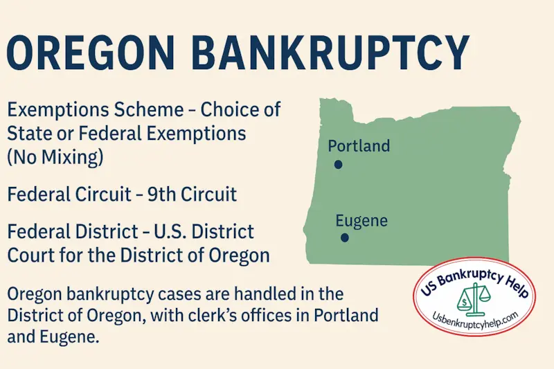 Infographic titled “Oregon Bankruptcy” showing that filers can choose state or federal exemptions (no mixing), that Oregon is in the 9th Circuit and the U.S. District Court for the District of Oregon, with a simple map marking Portland and Eugene and the US Bankruptcy Help logo in the corner.
