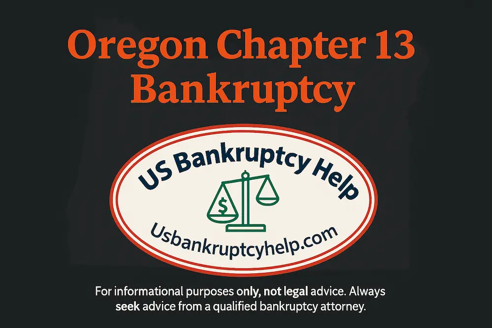 Wide hero image with the text “Oregon Chapter 13 Bankruptcy” in Oregon State University orange on a dark background, subtle outline of Oregon in the backdrop, and the US Bankruptcy Help logo with green scales featured prominently, plus a small disclaimer at the bottom.