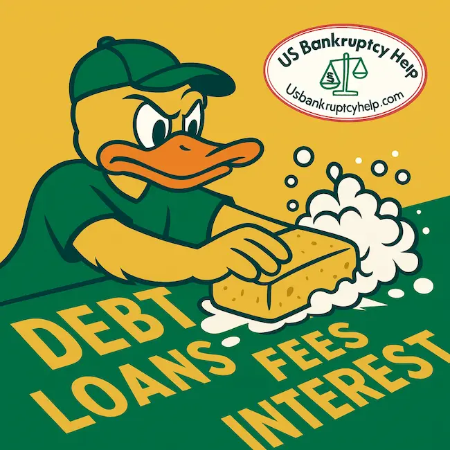 Playful illustration in Oregon green and yellow of a determined cartoon duck scrubbing away the words debt, loans, fees, and interest with a soapy sponge, branded with the US Bankruptcy Help logo in the corner.