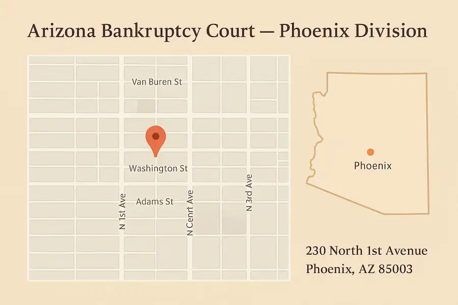 Arizona Bankruptcy Court — Phoenix Division map showing a pin near Washington St and N Central Ave, an inset Arizona map marking Phoenix, and the address 230 North 1st Avenue, Phoenix, AZ 85003.