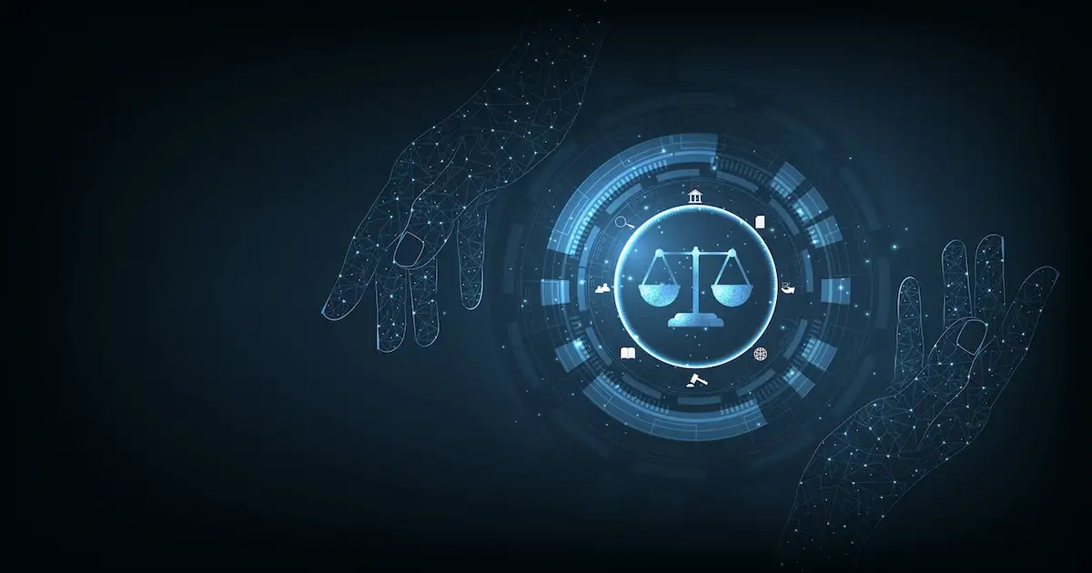 Image of scales of justice against a black background, with a gavel and law books in the foreground