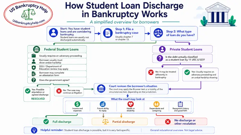 Flowchart showing how student loan discharge in bankruptcy works, including federal and private student loan paths, undue hardship review, court factors, and possible outcomes such as full discharge, partial discharge, or no discharge.