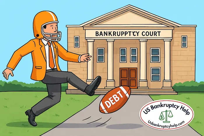 Cartoon-style illustration of a bankruptcy attorney in an orange suit and helmet punting a football labeled ‘DEBT’ outside a Tennessee bankruptcy court. The courthouse has classical columns and the US Bankruptcy Help logo appears in the bottom right corner, symbolizing financial relief and debt elimination in Tennessee.