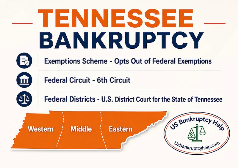 Tennessee bankruptcy infographic showing opt-out state exemption scheme, 6th Circuit affiliation, and map of Western, Middle, and Eastern federal districts with US Bankruptcy Help logo.