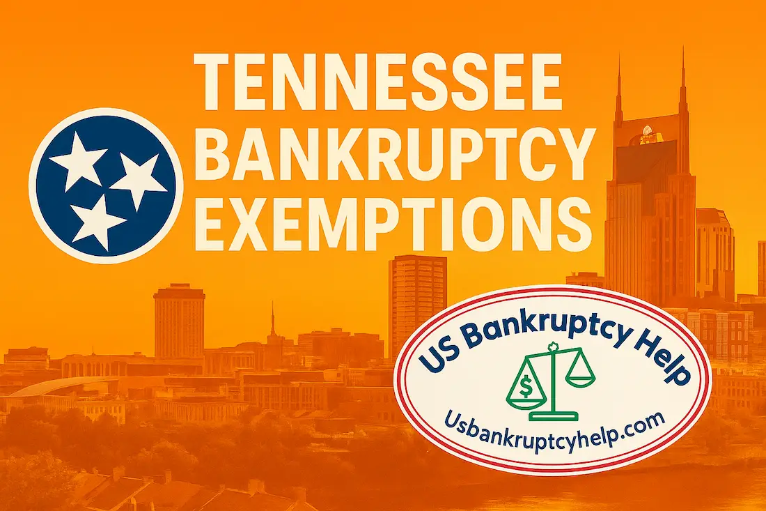 Tennessee Bankruptcy Exemptions hero image with Nashville skyline, Tennessee tri-star emblem, and US Bankruptcy Help logo.
