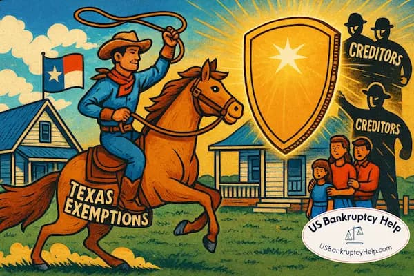 Texas cowboy on a horse labeled ‘Texas Exemptions’ shielding a family’s homestead from creditors, with the US Bankruptcy Help logo.
