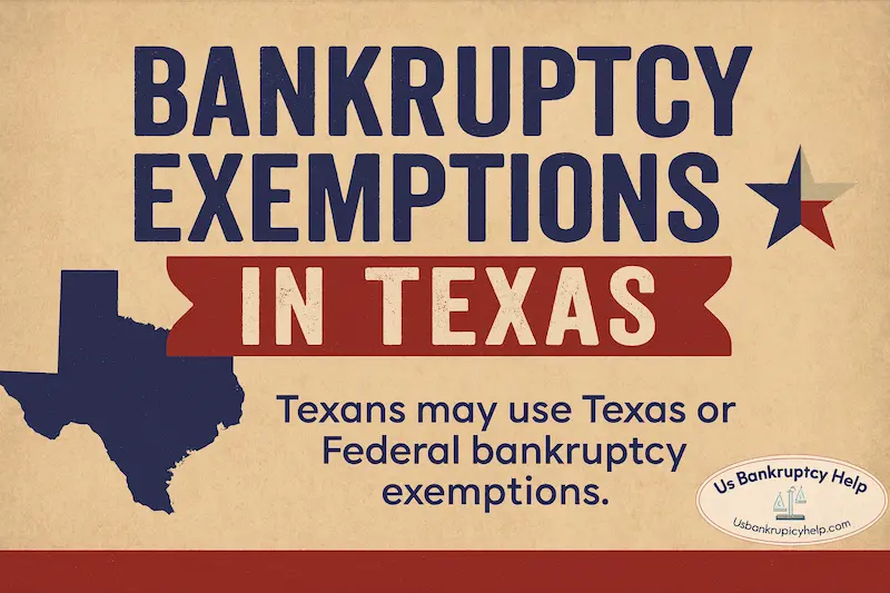 Texas Bankruptcy Exemptions infographic with Texas silhouette in flag colors on a wood background; text reads ‘Texans may use Texas or federal bankruptcy exemptions,’ branded with the US Bankruptcy Help logo.