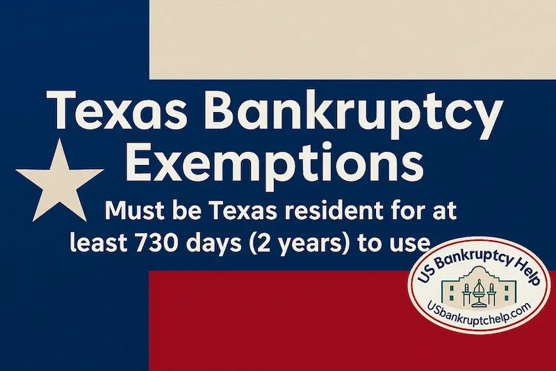 Texas Bankruptcy Exemptions infographic stating “Must be Texas resident for at least 730 days (2 years) to use,” in Texas flag colors with the US Bankruptcy Help logo.