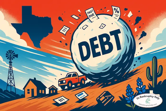 Texas Chapter 13 debt snowball infographic—snowball rolling down hill with debts like credit cards, medical bills, car loans, IRS taxes, and mortgage—US Bankruptcy Help logo.