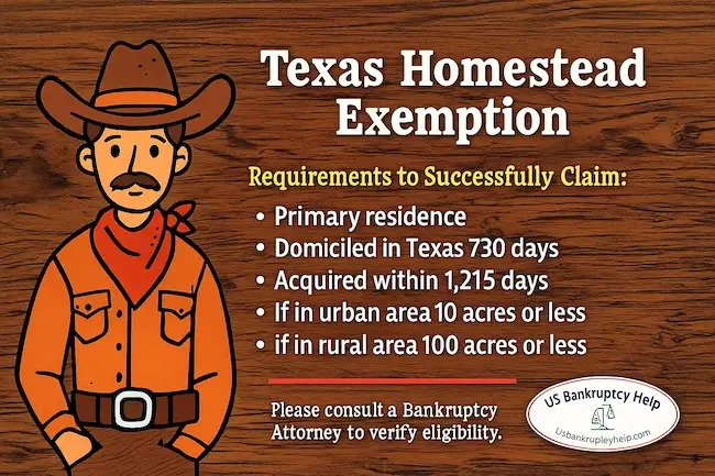 Texas Homestead Exemption infographic (wide) with cowboy illustration and USBankruptcyHelp.com logo; requirements listed: primary residence, domiciled in Texas 730 days, acquired within 1,215 days, urban ≤10 acres, rural ≤100 acres.