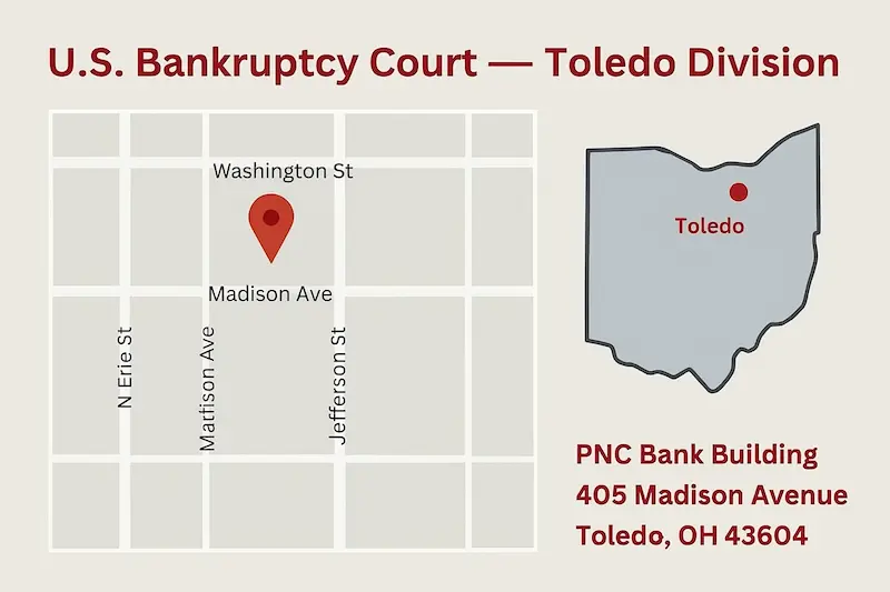 U.S. Bankruptcy Court, Toledo Division map at PNC Bank Building, 405 Madison Ave, Toledo, OH 43604.