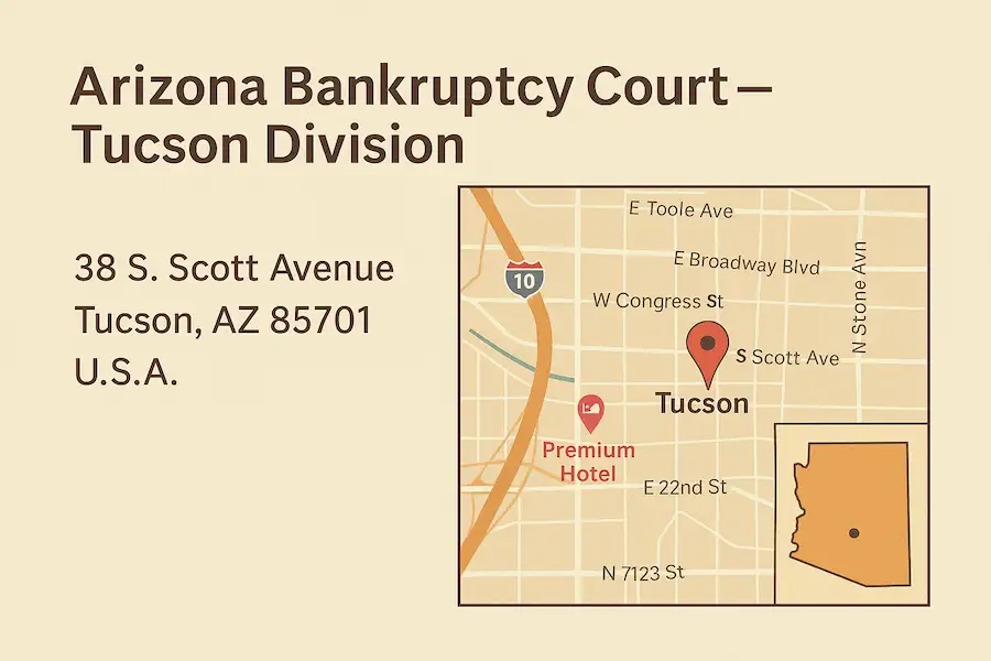 Arizona Bankruptcy Court — Tucson Division: address 38 S. Scott Avenue, Tucson, AZ 85701, with map pin near S Scott Ave and W Congress St (I-10 nearby) and an inset Arizona state map highlighting Tucson.