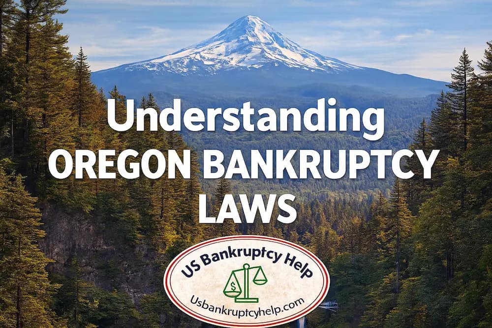 Wide hero image for “Understanding Oregon Bankruptcy Laws” with title text over Mount Hood and evergreen forests, branded with the US Bankruptcy Help logo at the bottom.