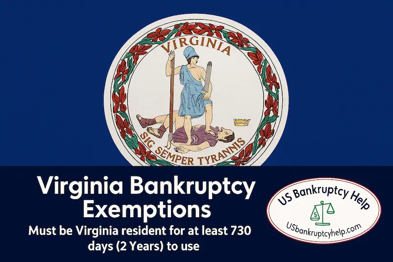 Wide banner with the Virginia state flag seal above bold white text reading “Virginia Bankruptcy Exemptions – Must be Virginia resident for at least 730 days (2 Years) to use,” with the US Bankruptcy Help logo in the lower right corner.