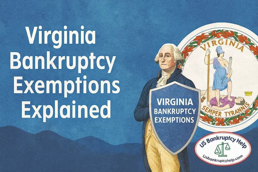 Wide hero banner with the heading “Virginia Bankruptcy Exemptions Explained” on a blue background, showing George Washington holding a shield labeled “Virginia Bankruptcy Exemptions” in front of the Virginia state seal, with the US Bankruptcy Help logo in the lower right corner.